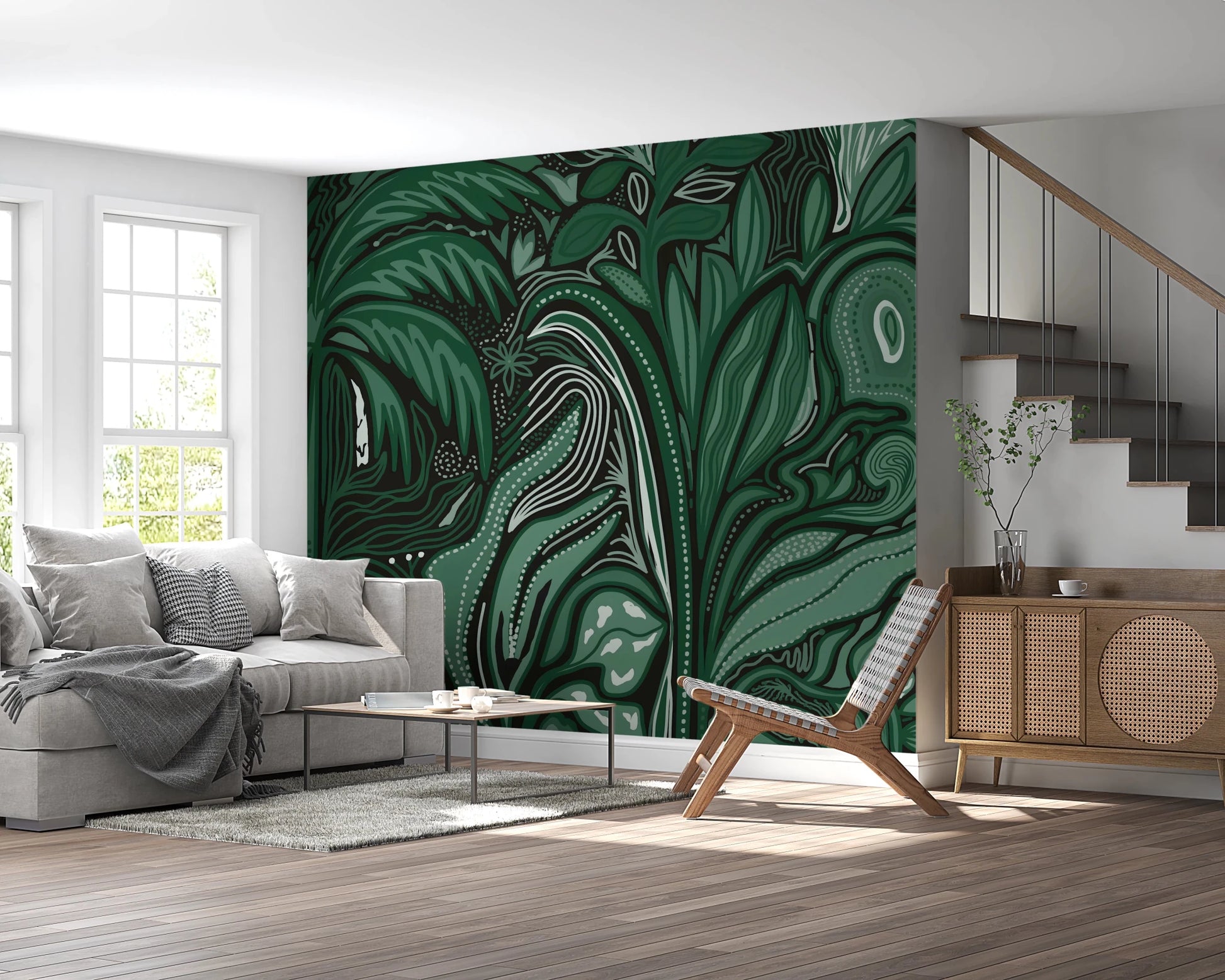 Dark botanical accents in this Emerald Canopy Jungle Noctiverdis Plants Wall Mural