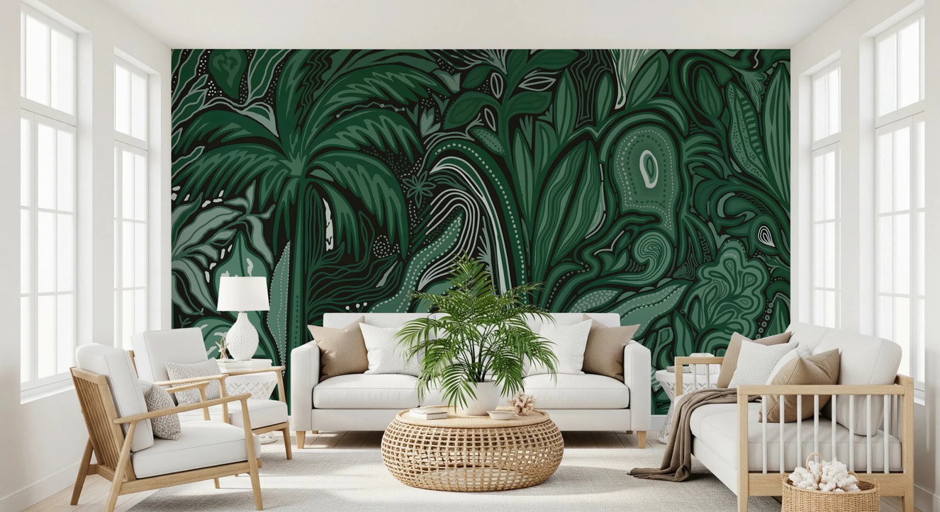 Abstract botanical shapes on the Emerald Canopy Jungle Noctiverdis Plants Wall Mural
