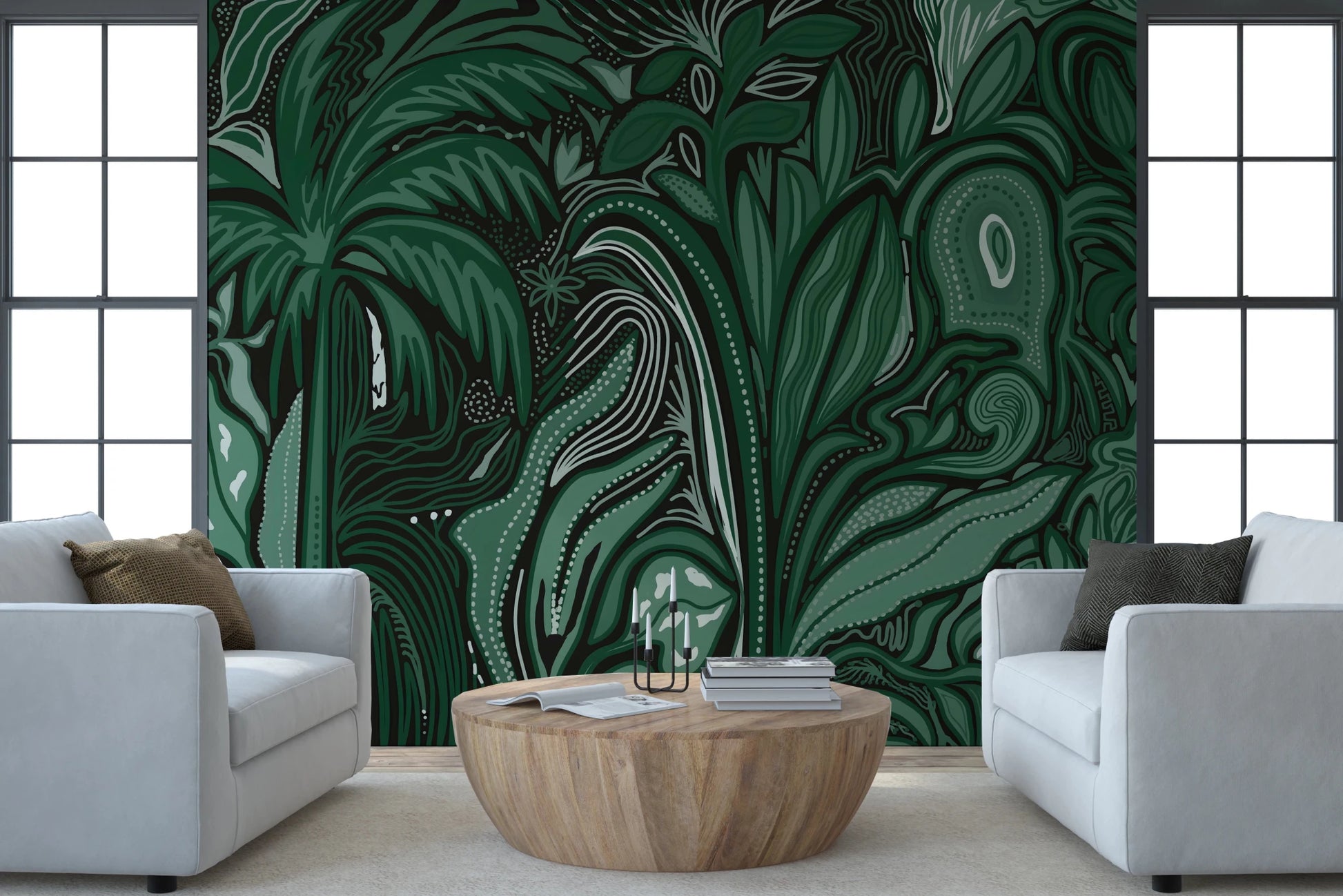Artistic plant patterns on the Emerald Canopy Jungle Noctiverdis Plants Wall Mural