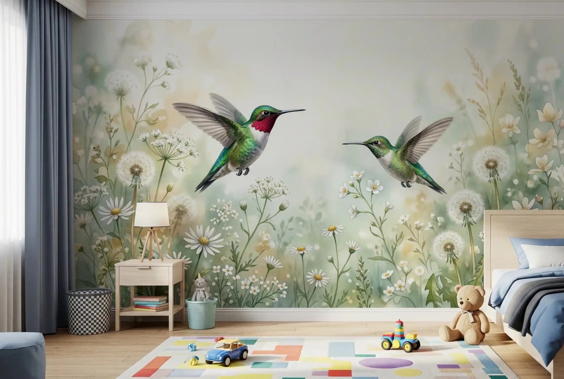 The soft floral patterns in this wall mural make it perfect for a calm Playroom Watercolor Meadow atmosphere.