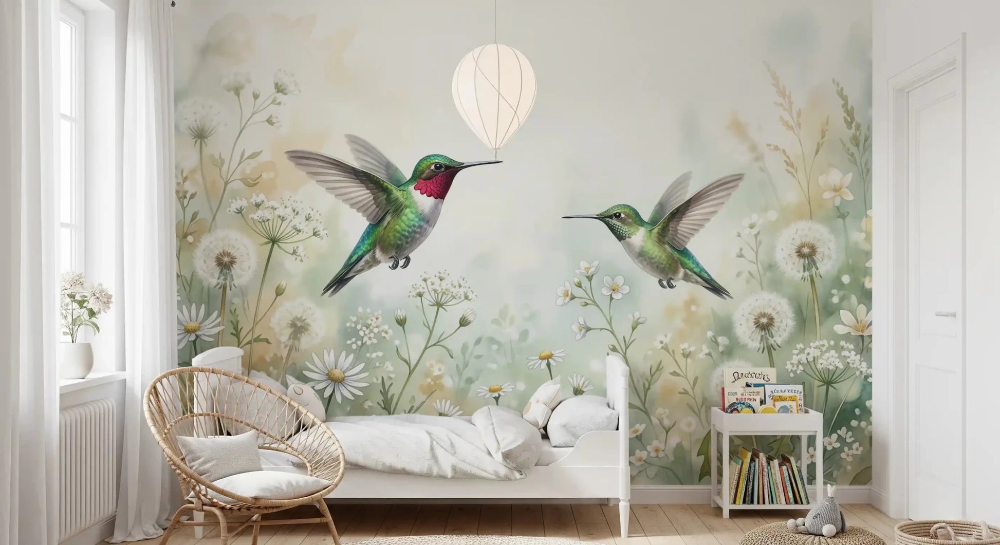 The delicate floral and bird Emerald Dance in Watercolor Meadow Wall Mural bring tranquility to any Kids room.