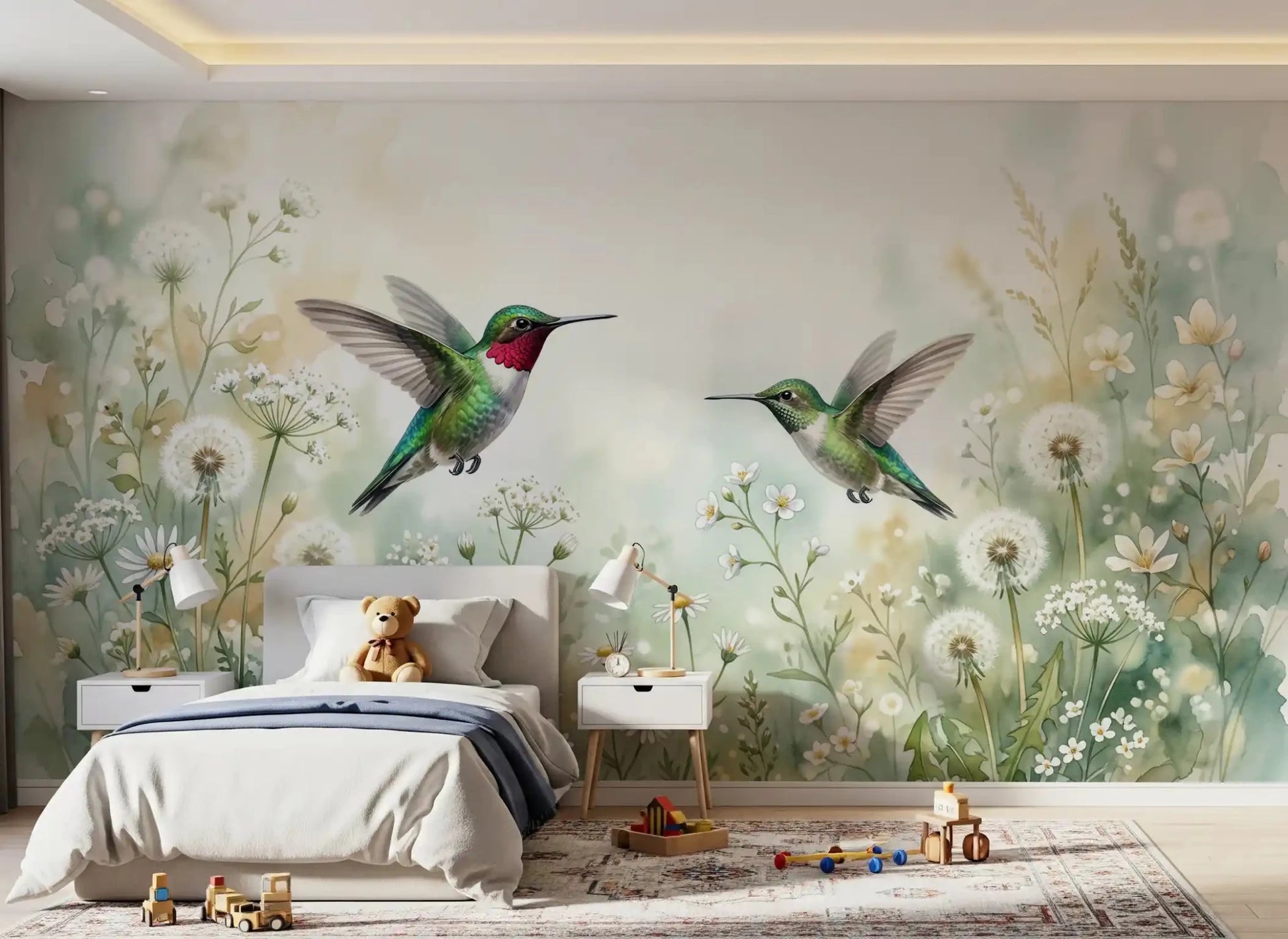 Bring a Emerald Dance soothing vibe to your kids room with the lush greenery and birds in this wall mural.