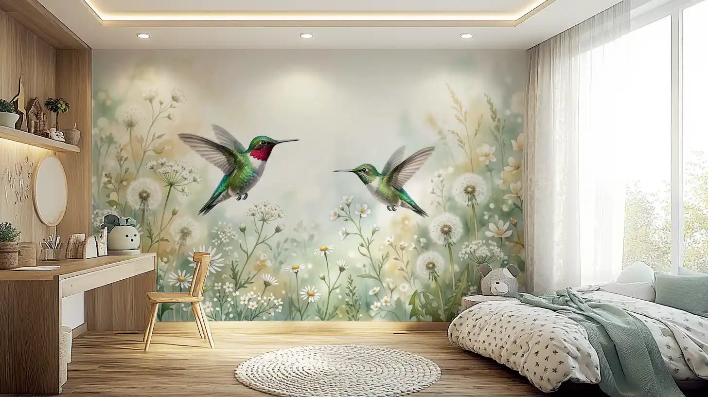 Enhance your living room with the Emerald Dance watercolor wall mural featuring lush blooms.