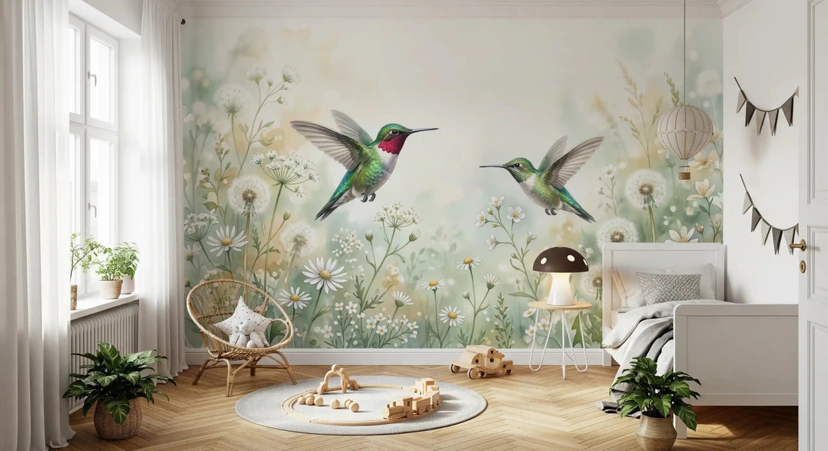 This vibrant wall mural with hummingbirds adds life to a cozy Kids room or office space.