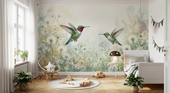 This vibrant wall mural with hummingbirds adds life to a cozy Kids room or office space.