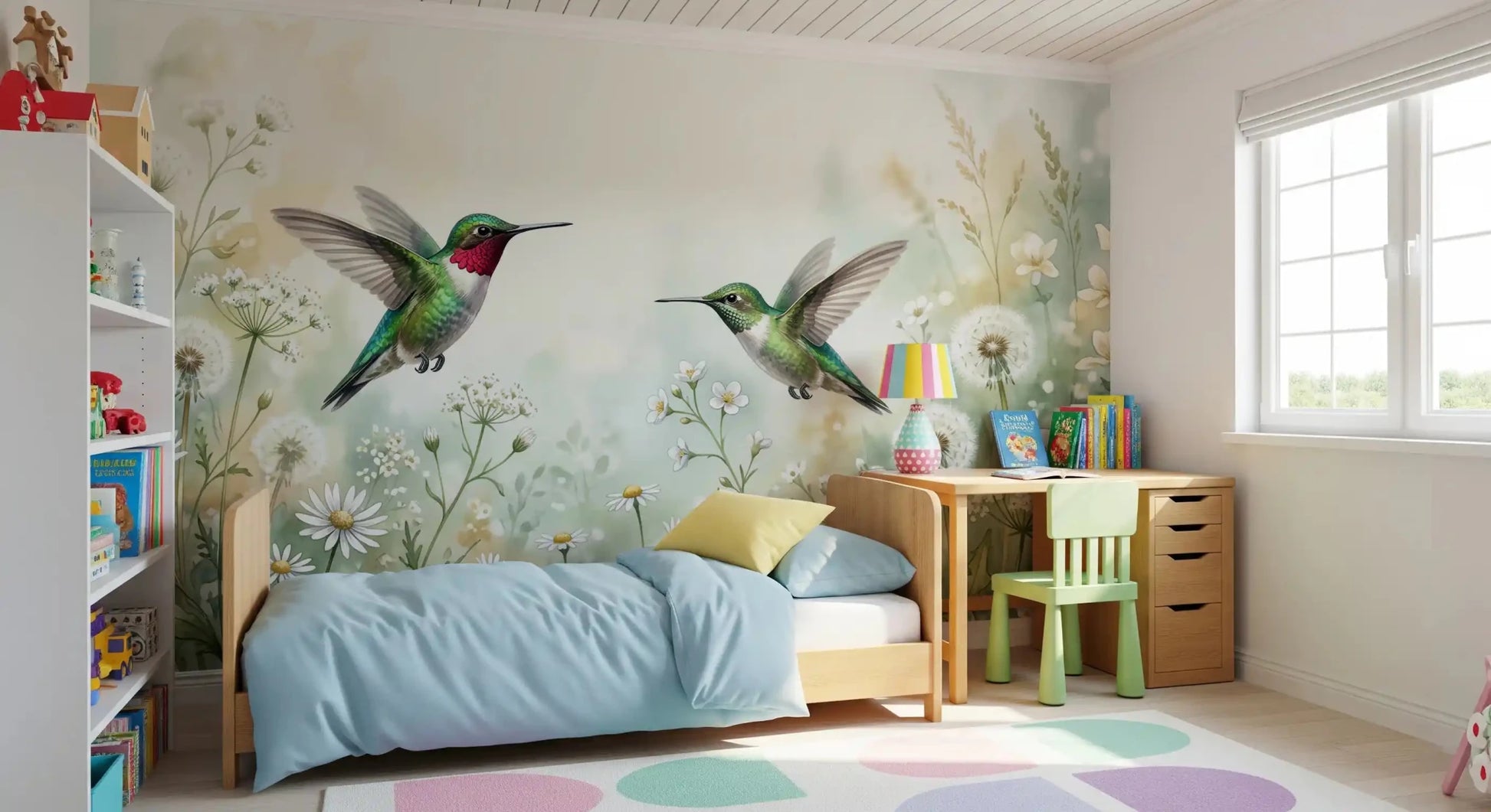 The Emerald Dance wall mural’s watercolor design brings freshness to a modern nursery space.