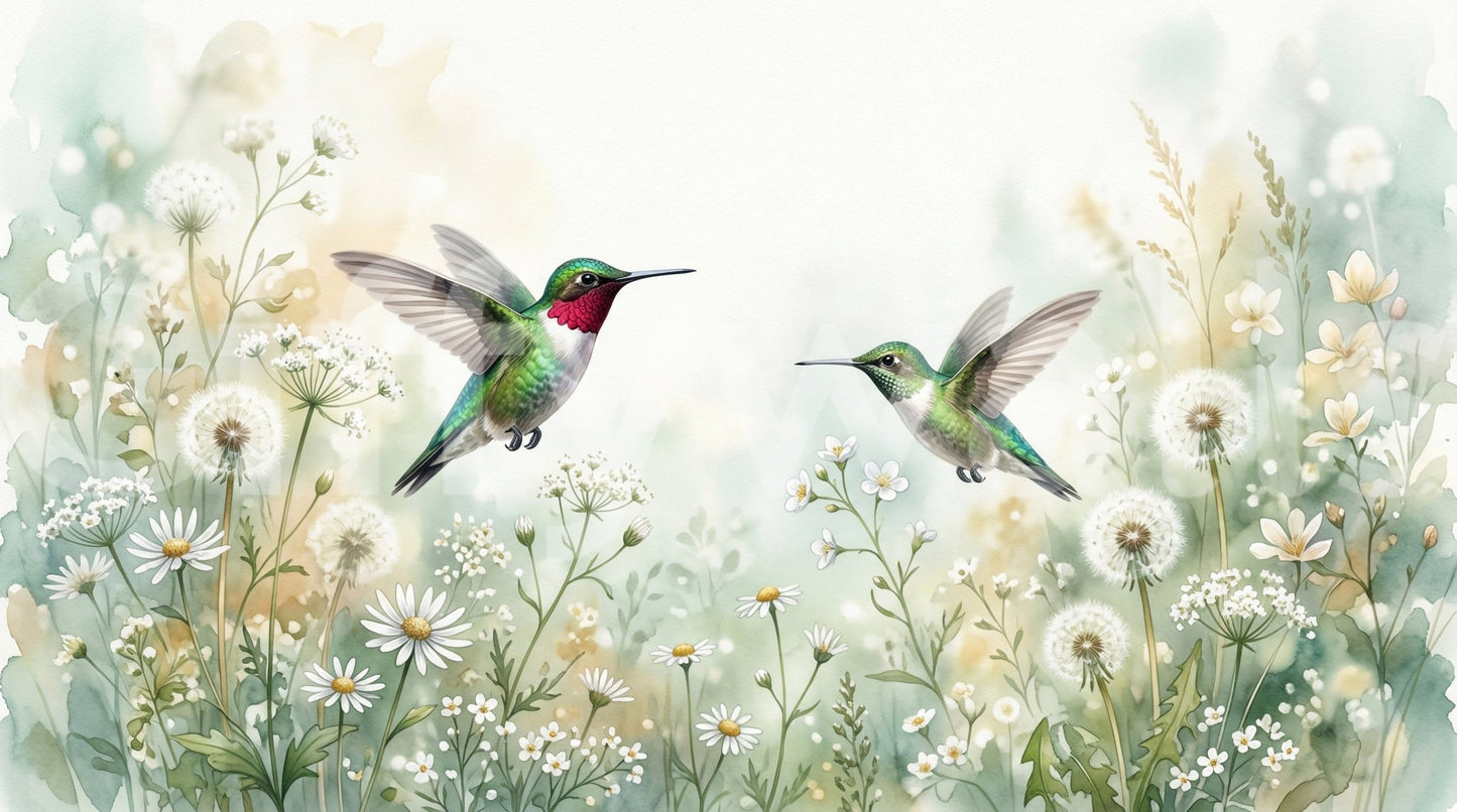 A nature-filled wall mural with hummingbirds and floral elements for a serene vibe.