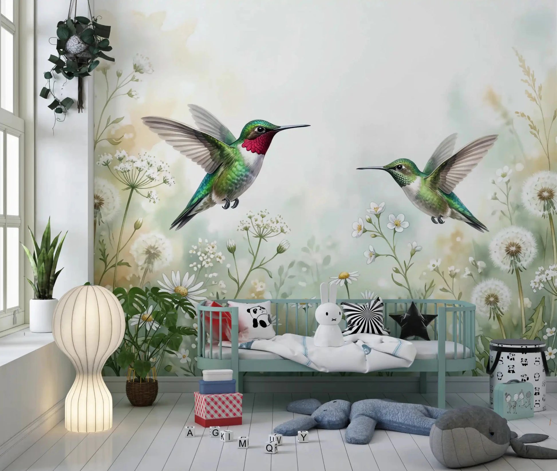 Add a touch of nature to your nursery with this serene watercolor meadow wall mural.