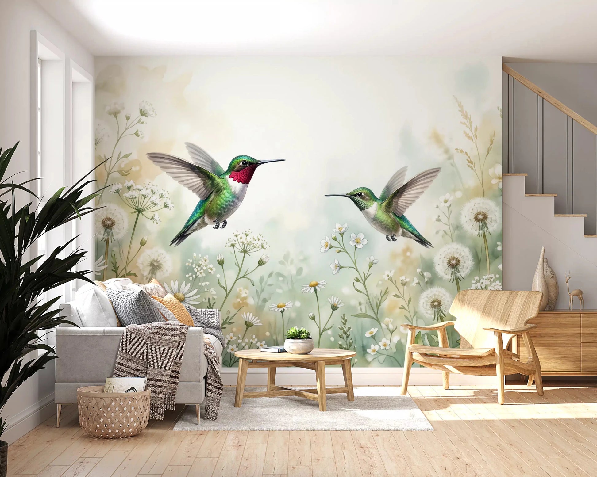 Create a calm retreat in your Living room with this nature-inspired watercolor Meadow wall mural.
