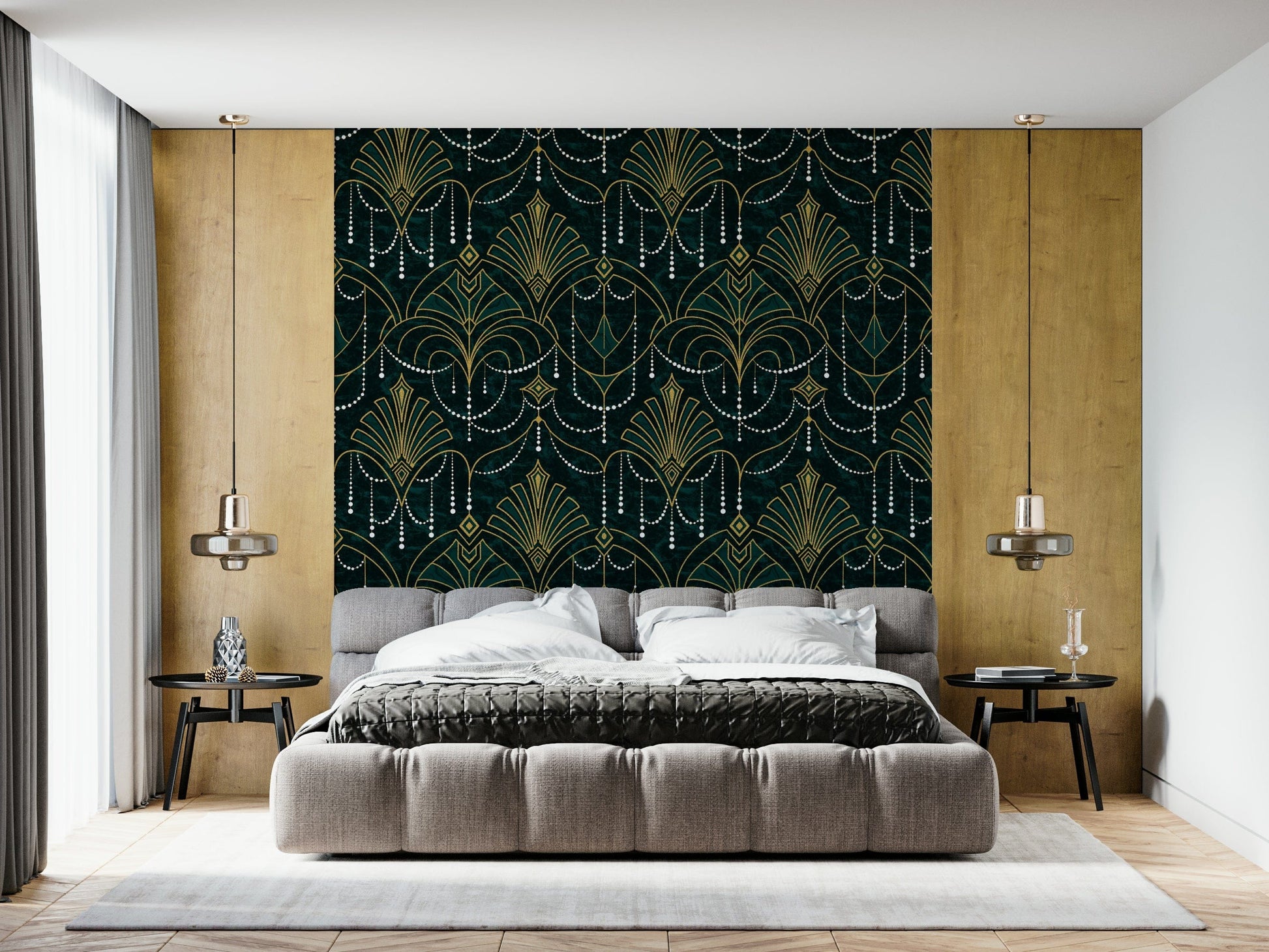 Elegant geometric wallpaper in deep emerald green with gilded gold detailing.