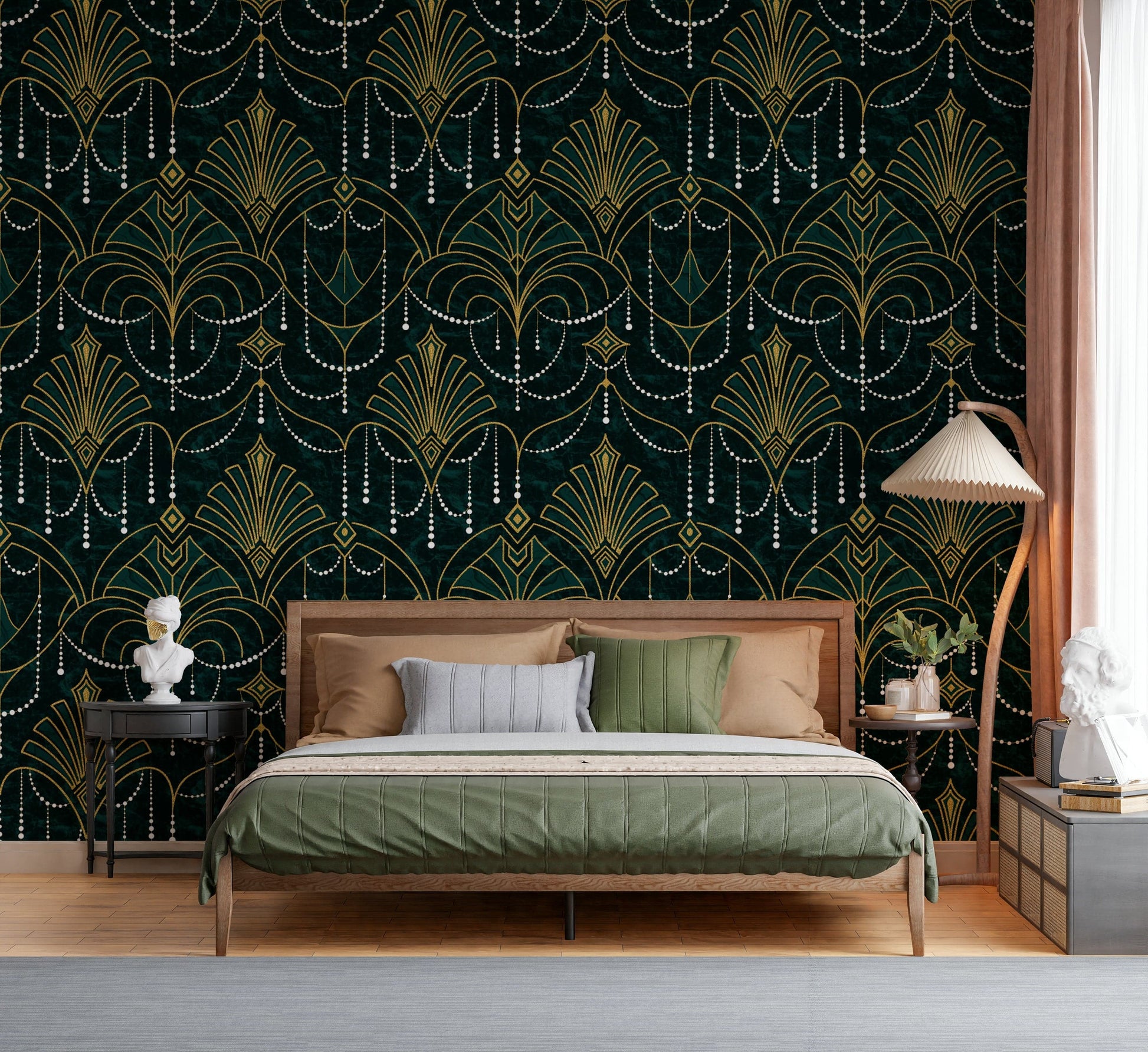 Gilded Emerald Deco Wallpaper featuring luxurious emerald green geometric patterns with gold accents.