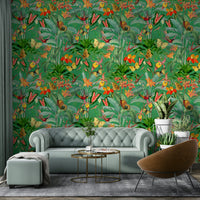Tropical-themed wallpaper with vibrant foliage and botanical details

