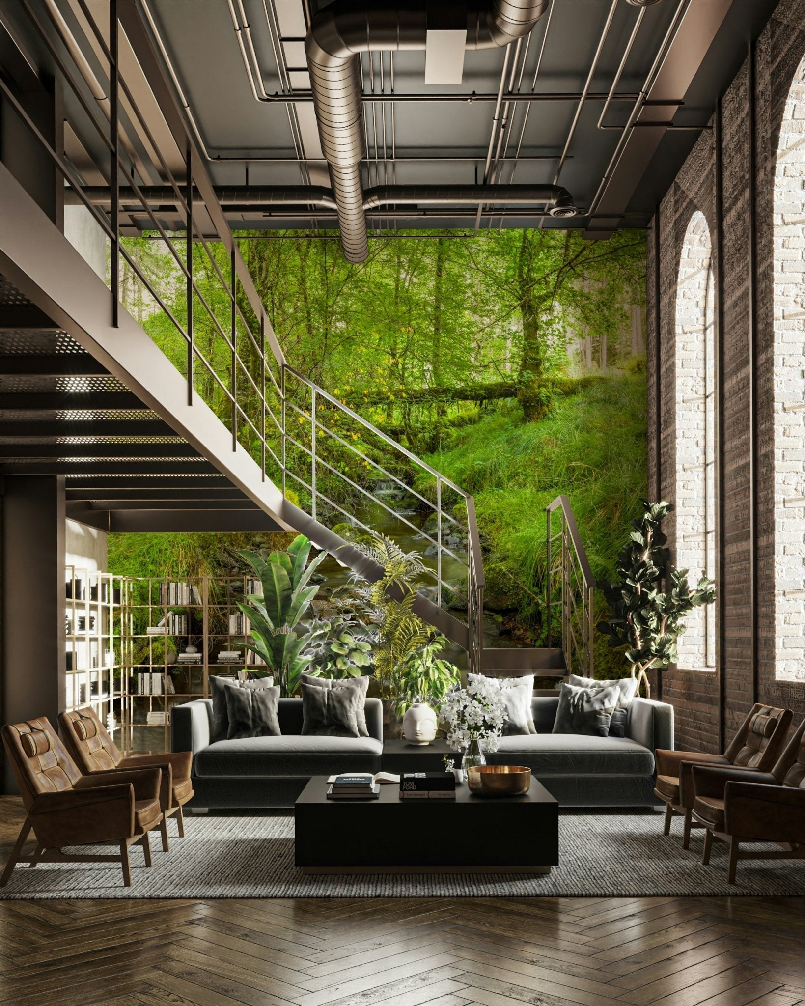 The mural gives a feeling of being in a lush, green forest.

