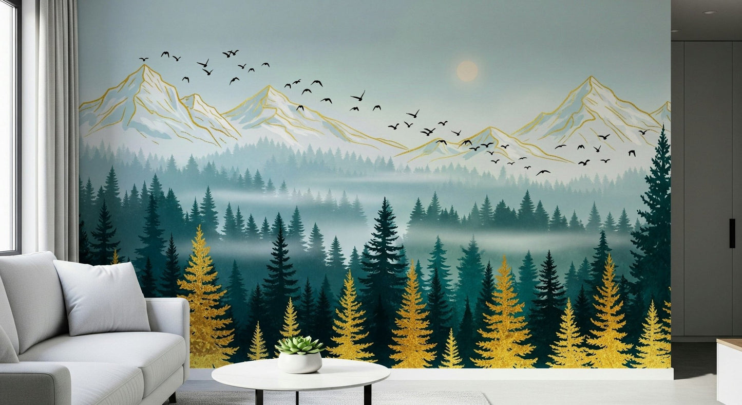 Golden spruce landscape Emerald Forest wallpaper for walls.