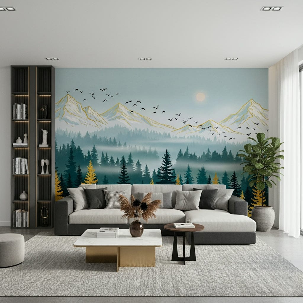 Shimmering timber accents Emerald Forest wallpaper for walls.