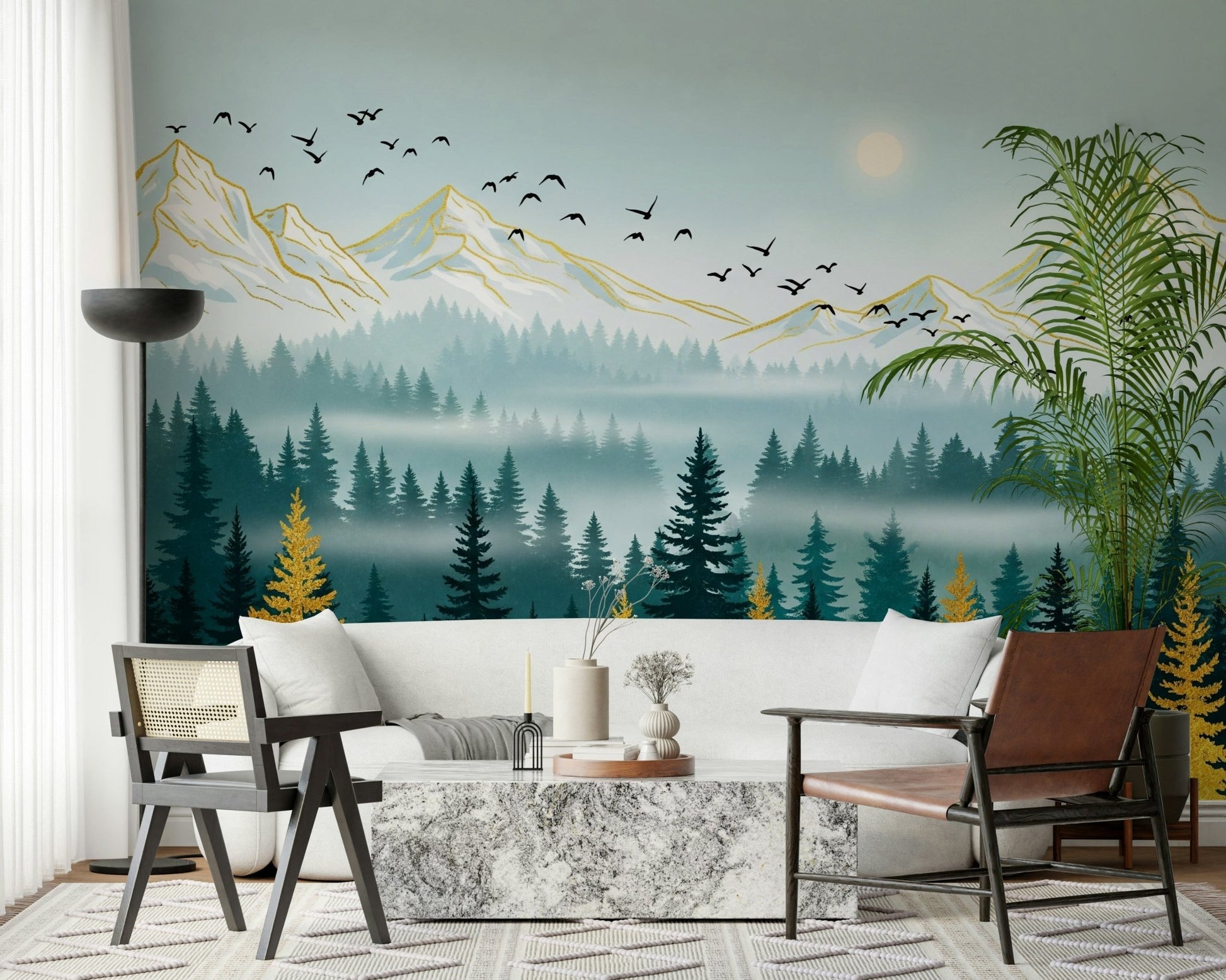 Emerald Forest wallpaper mural displaying teal woodland horizon.