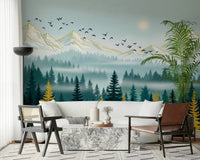 Emerald Forest wallpaper mural displaying teal woodland horizon.