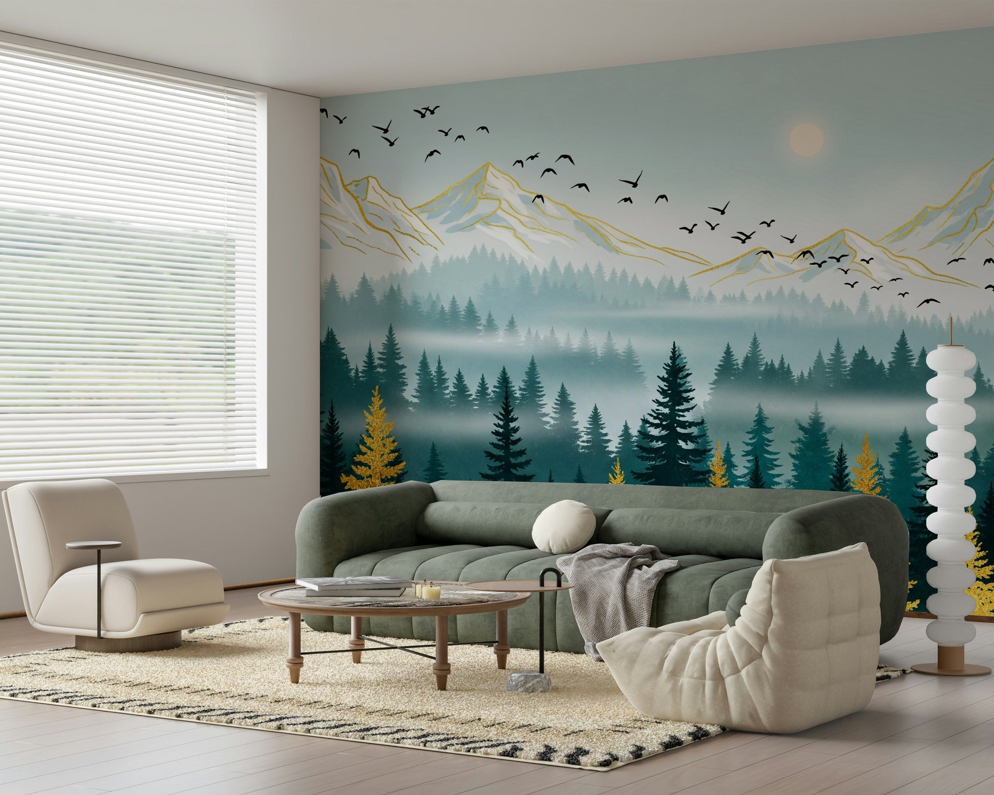 Emerald Forest wallpaper for walls featuring golden peaks.