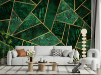 A peaceful geometric design mural on decorative wallpaper.