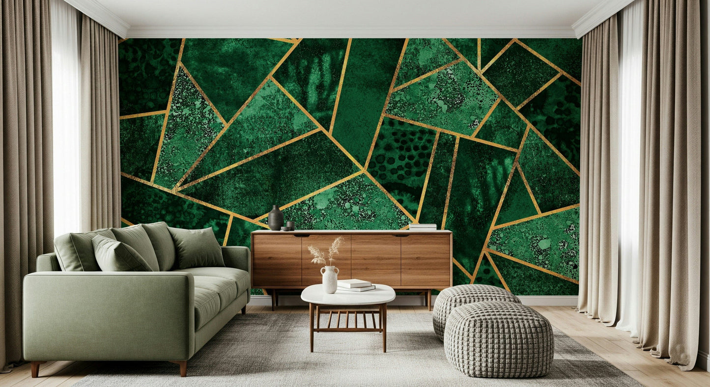 A graceful subtle block wall mural in cool, green tones.