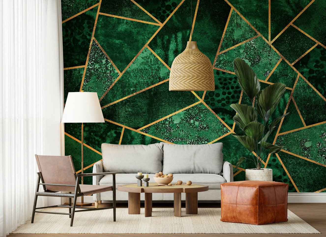 A beautiful abstract geometric wallpaper mural in emerald green.