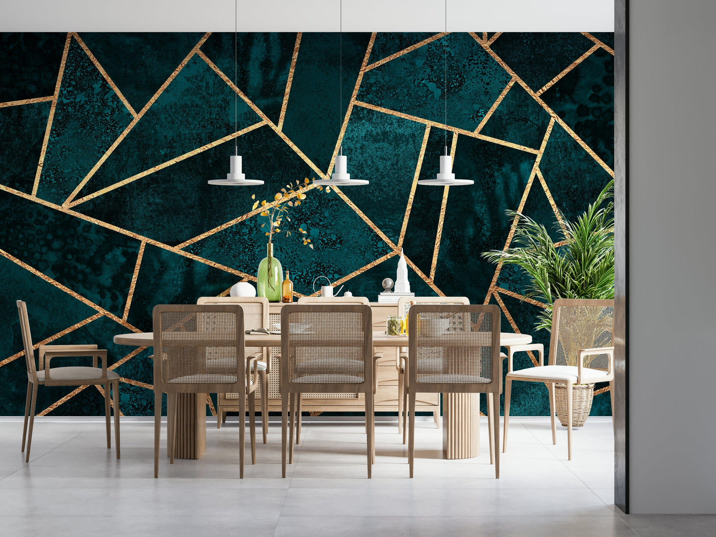 An artistic modern block mural on luxury wallpaper.
