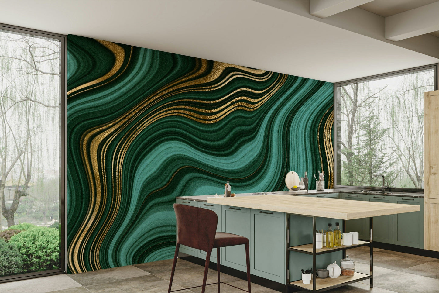 The wall art combines a flowing pattern with metallic accents.

