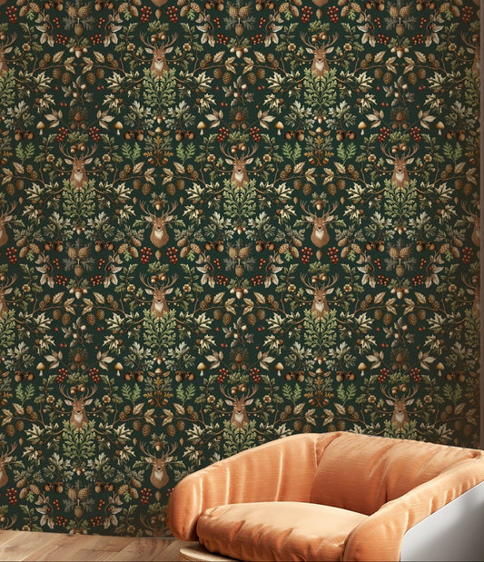 A wallpaper with a classic William Morris-style repeating pattern.
