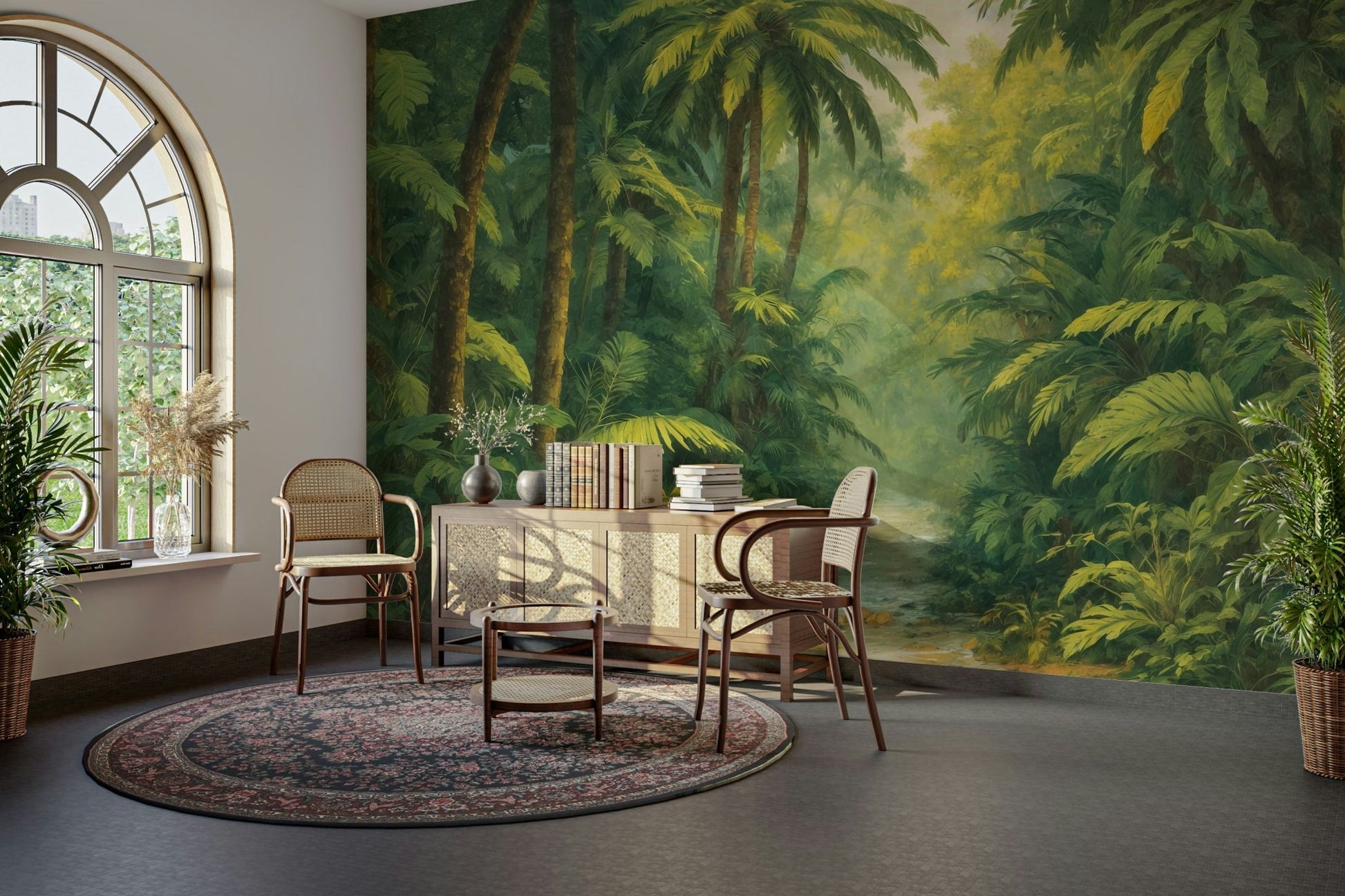 The image shows an artistic impression of a serene jungle scene with a stream.

