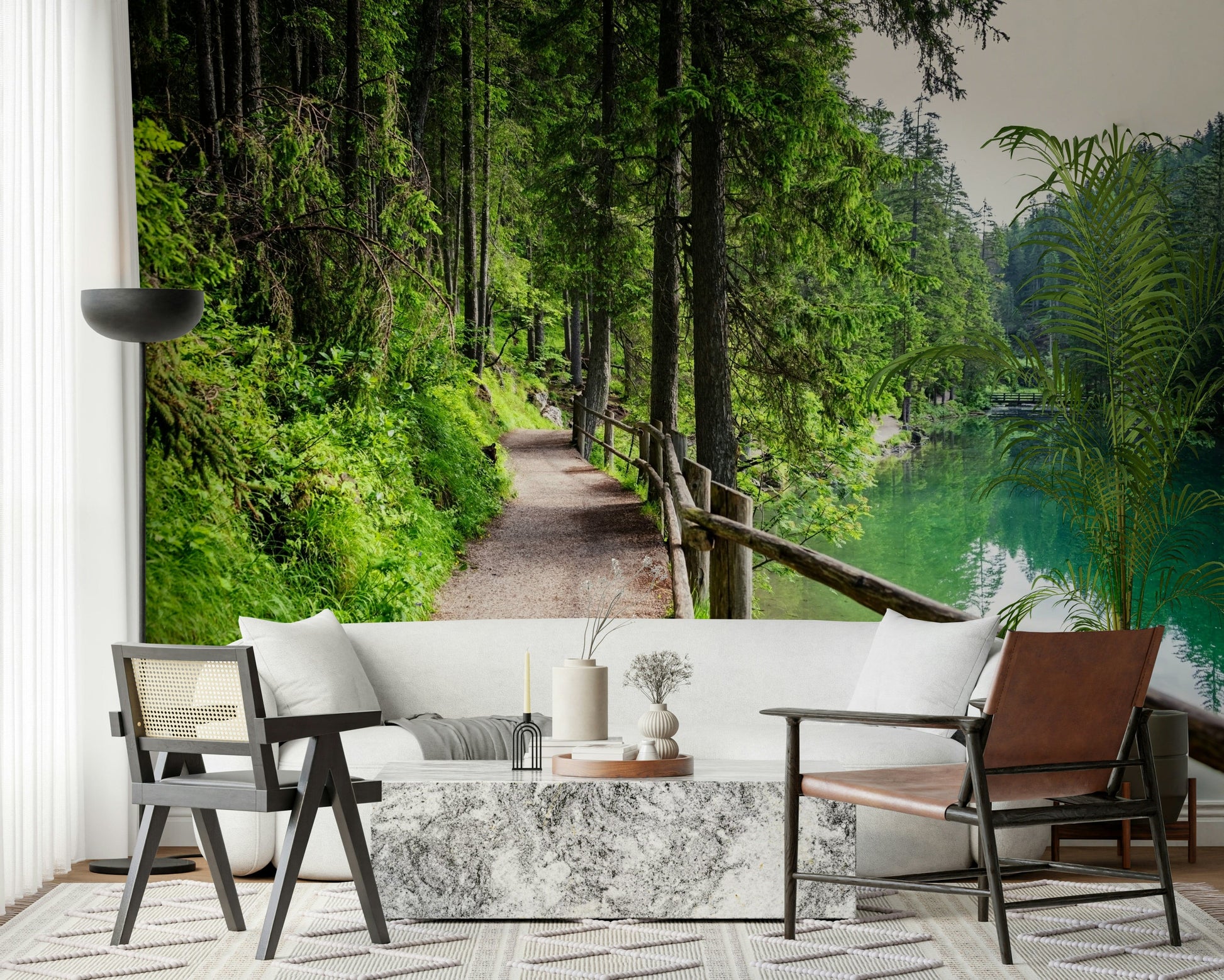 Mountain lake trail wallpaper for bedroom, green and blue colour palette