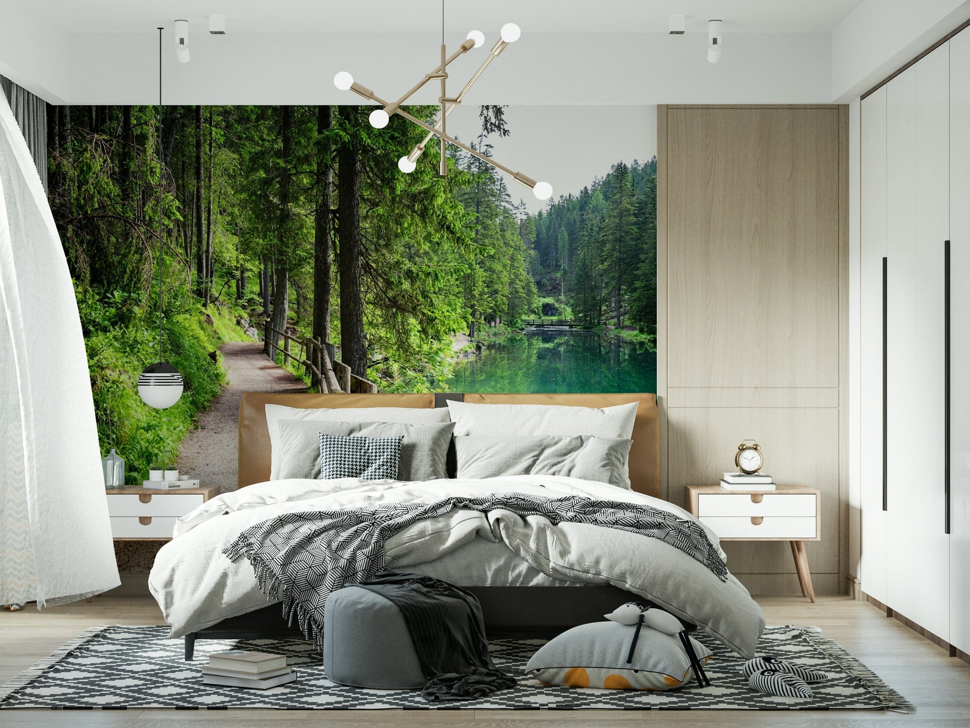 Emerald Lake Trail mural behind TV unit, nature landscape feature wall