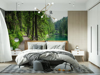 Emerald Lake Trail mural behind TV unit, nature landscape feature wall