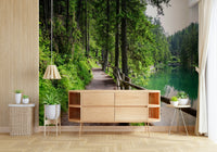 Forest trail wallpaper in reading nook, calm lake view with evergreen trees