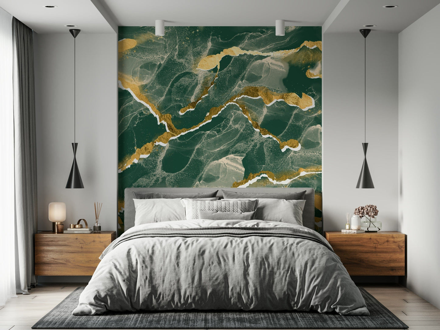 A modern abstract wall mural depicting a stunning emerald green and gold Marble Wallpaper pattern.