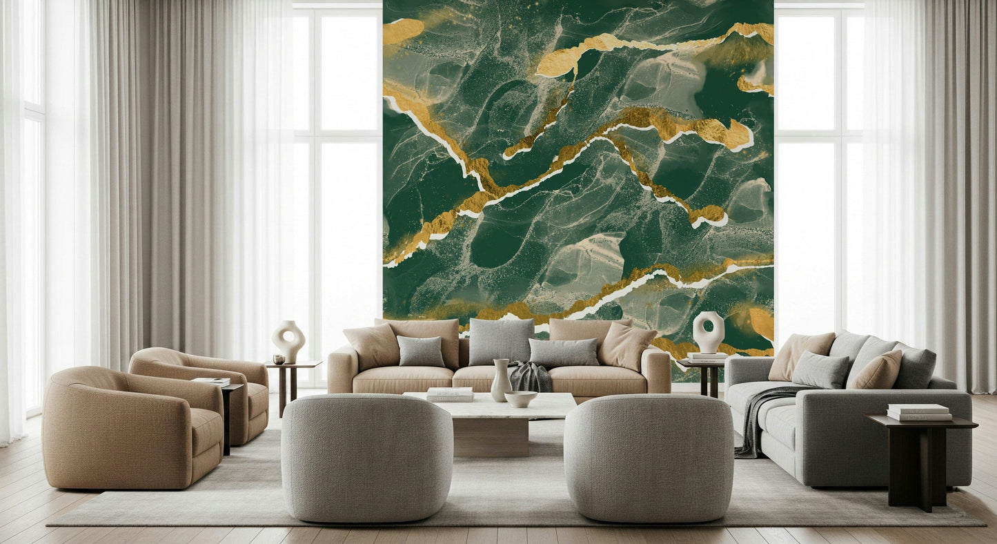 Golden Veins Emerald Marble - Modern Luxe Abstract Wall Mural