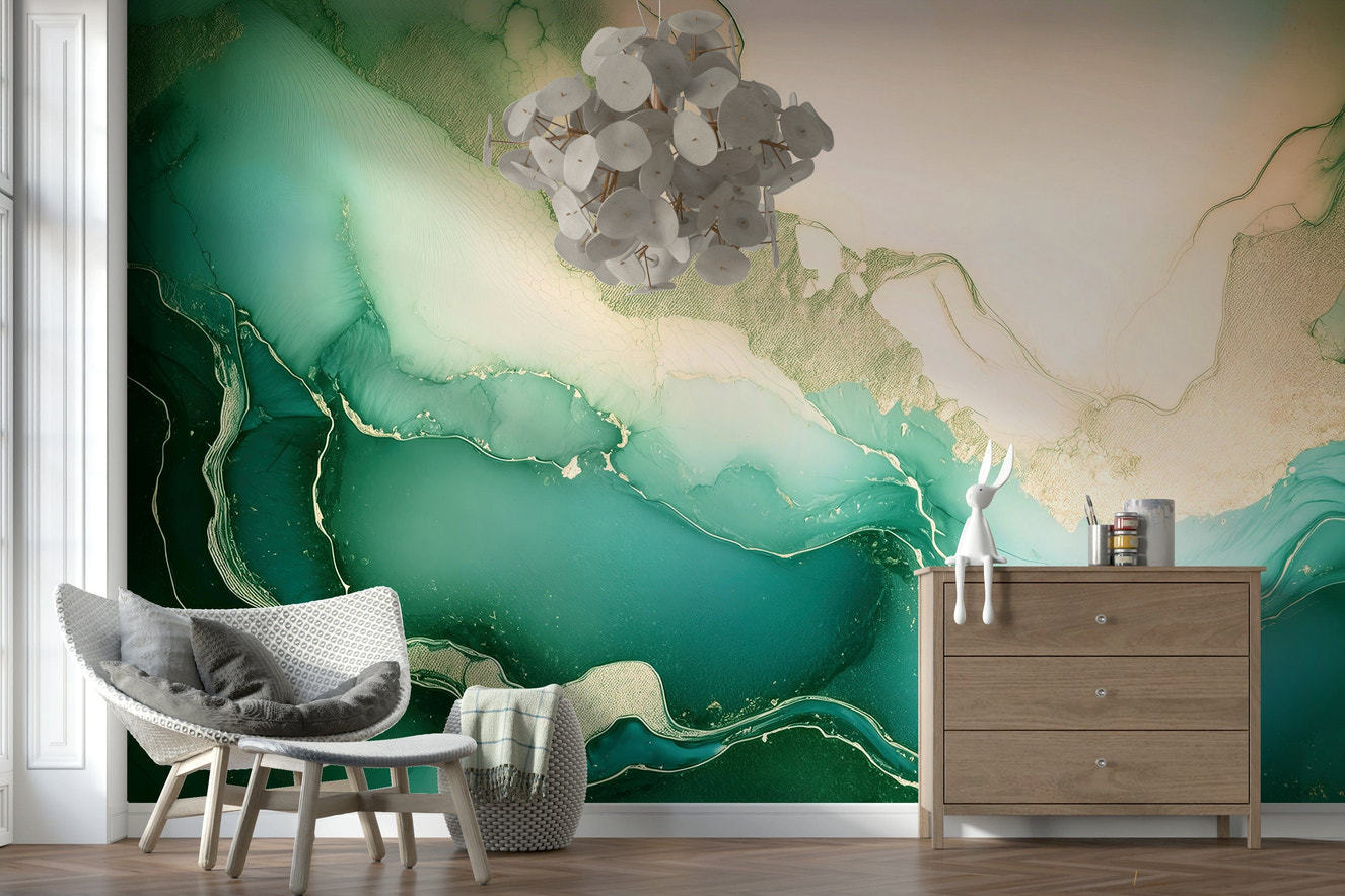 Emerald green marble wall mural with organic stone patterns and a polished, elegant look.