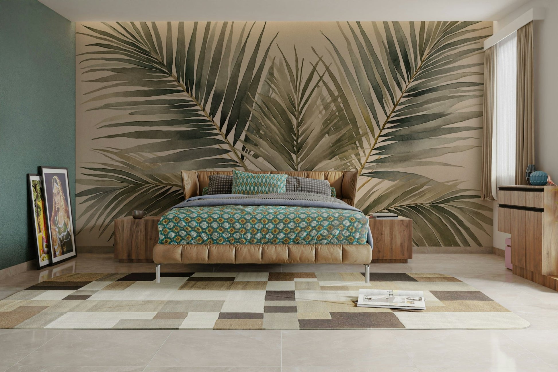 Tropical fronds in olive and teal tones

