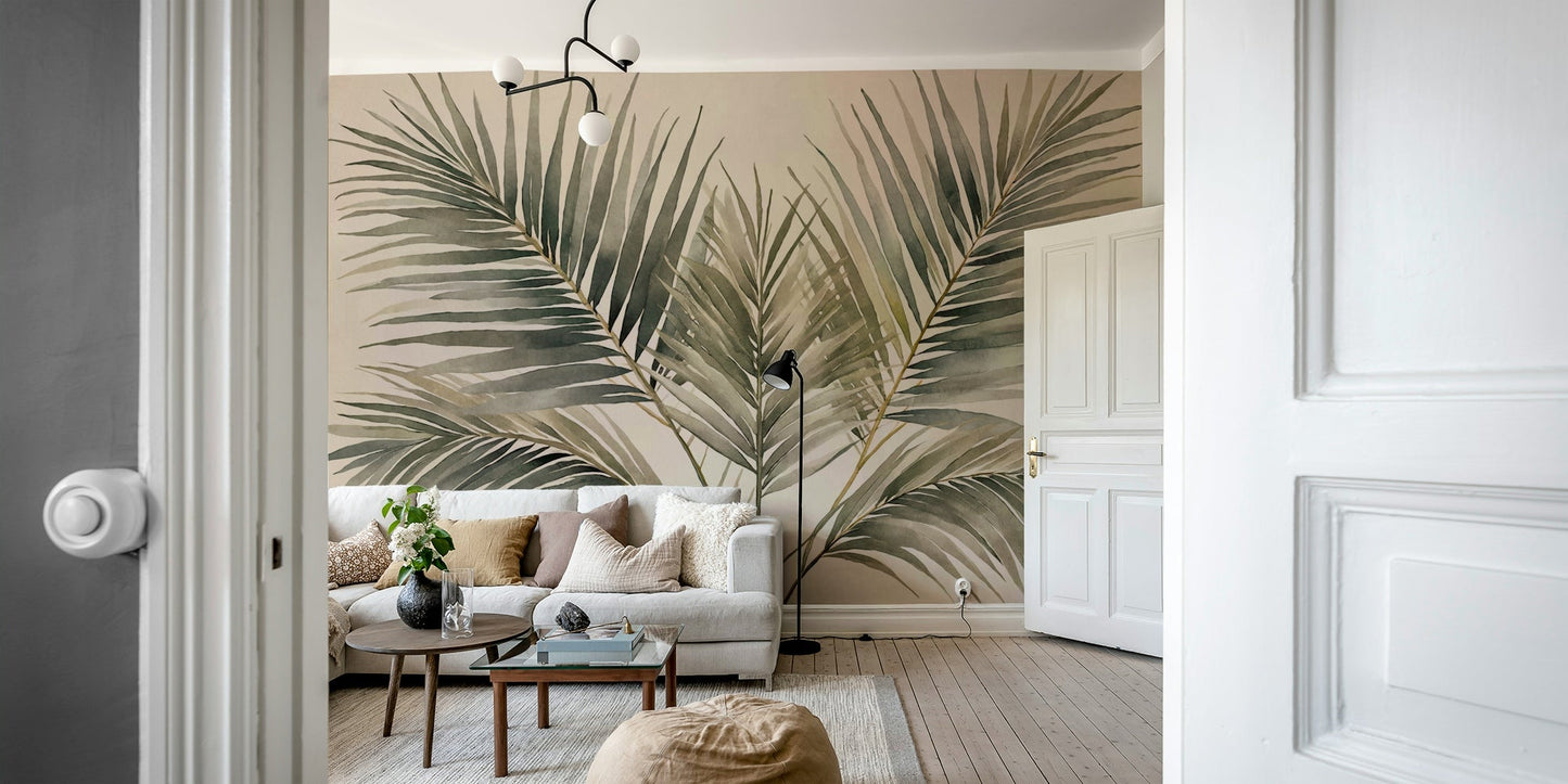 Emerald green mural wallpaper with palm prints

