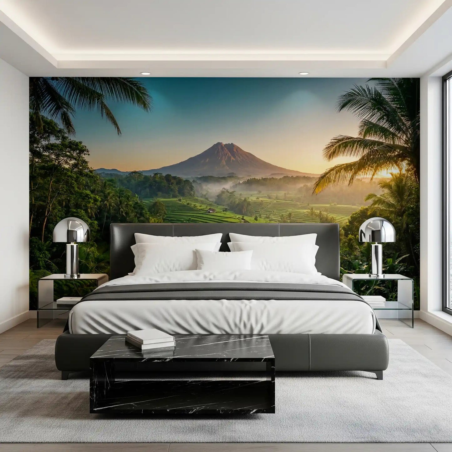 Tropical landscape wall mural for a bedroom with emerald rice terraces