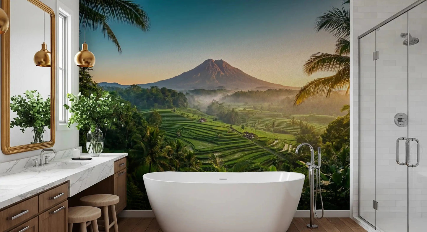 Nature wall mural for a bathroom with volcanic dawn scenery