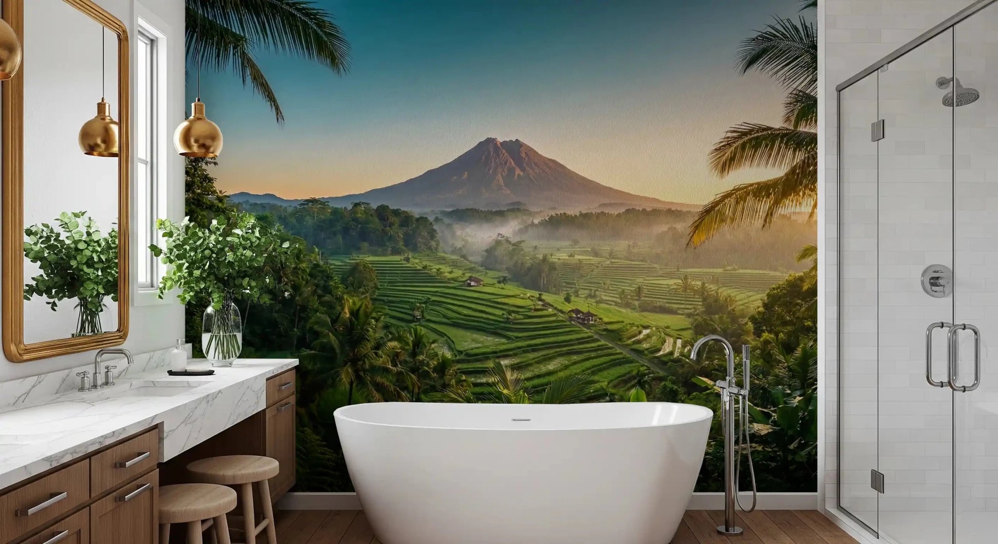Nature wall mural for a bathroom with volcanic dawn scenery