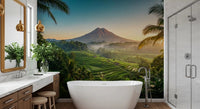Nature wall mural for a bathroom with volcanic dawn scenery