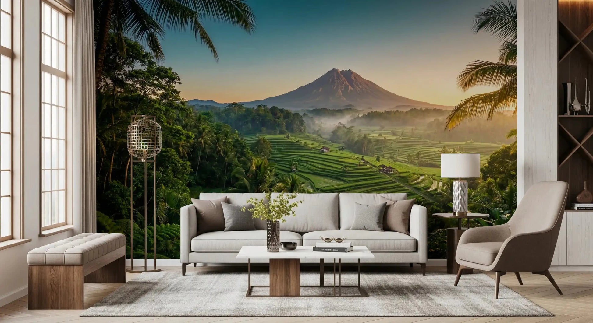 Scenic tropical wall mural with emerald valley and soft dawn light