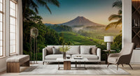 Scenic tropical wall mural with emerald valley and soft dawn light