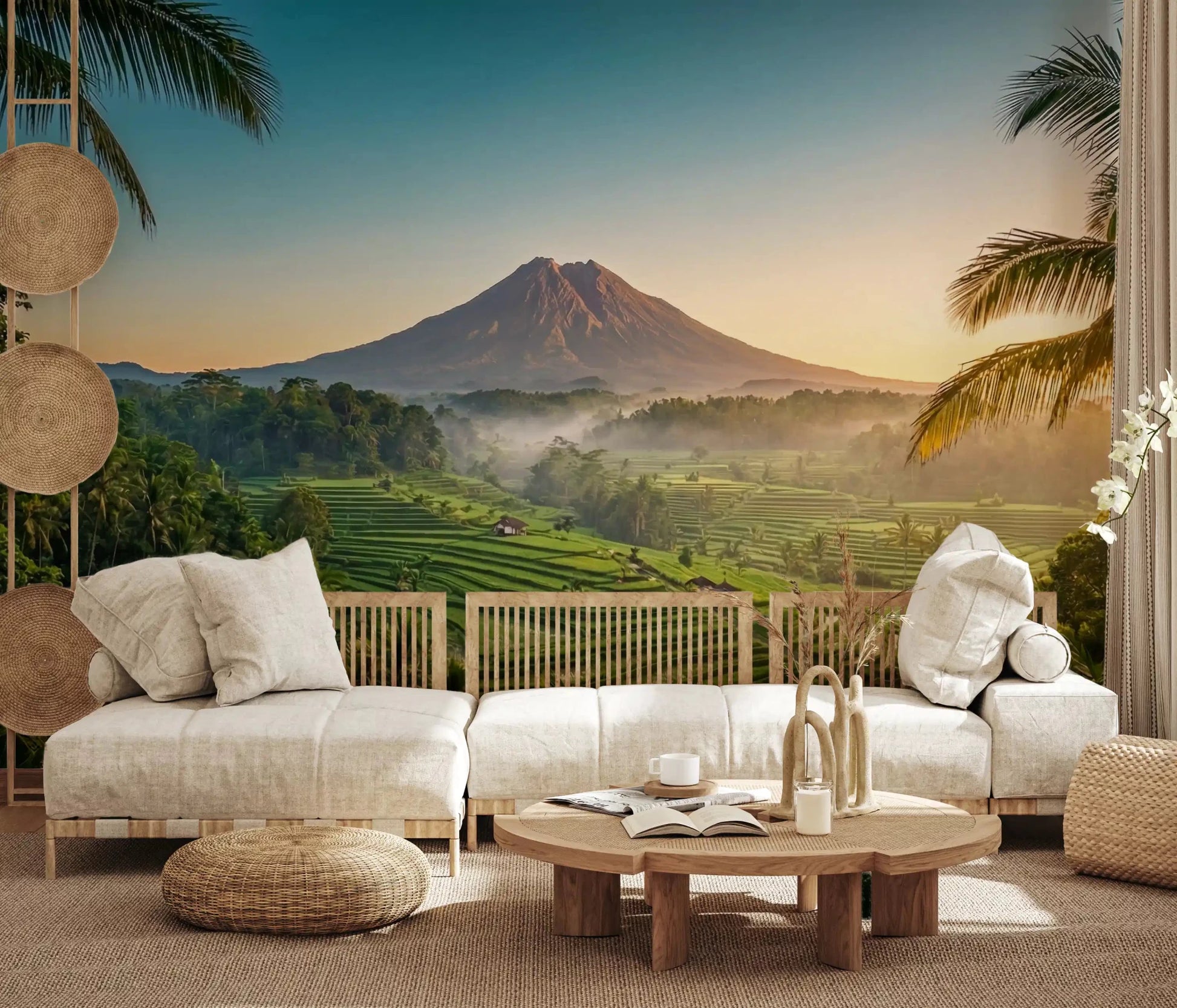 Volcanic dawn wall mural with layered green terraces and misty forest