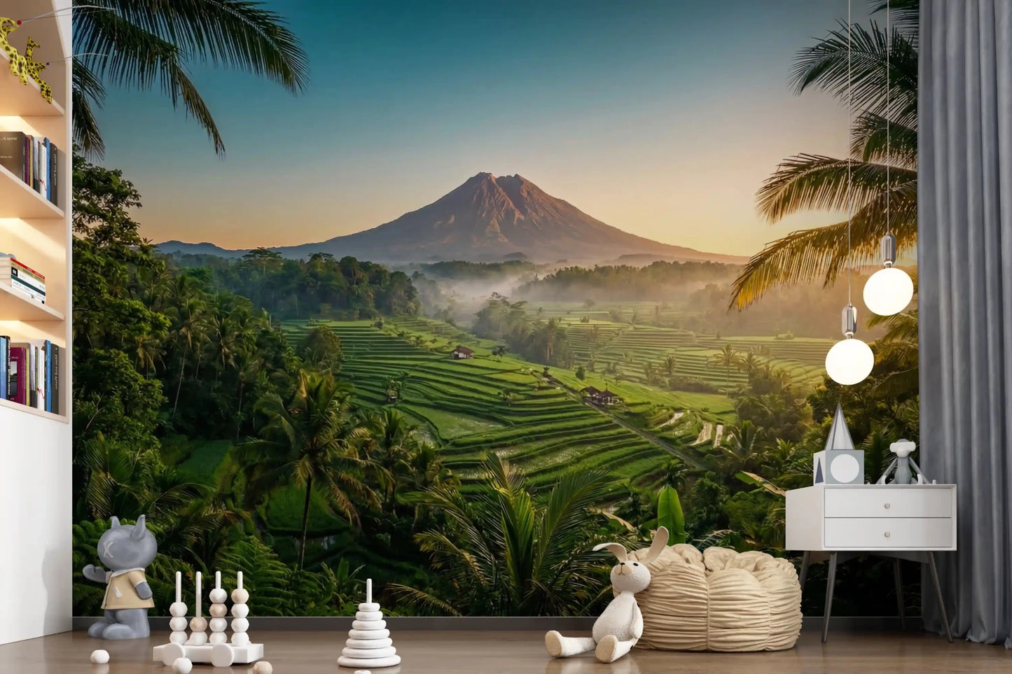 Scenic volcano wall mural in a hallway with lush green terraces