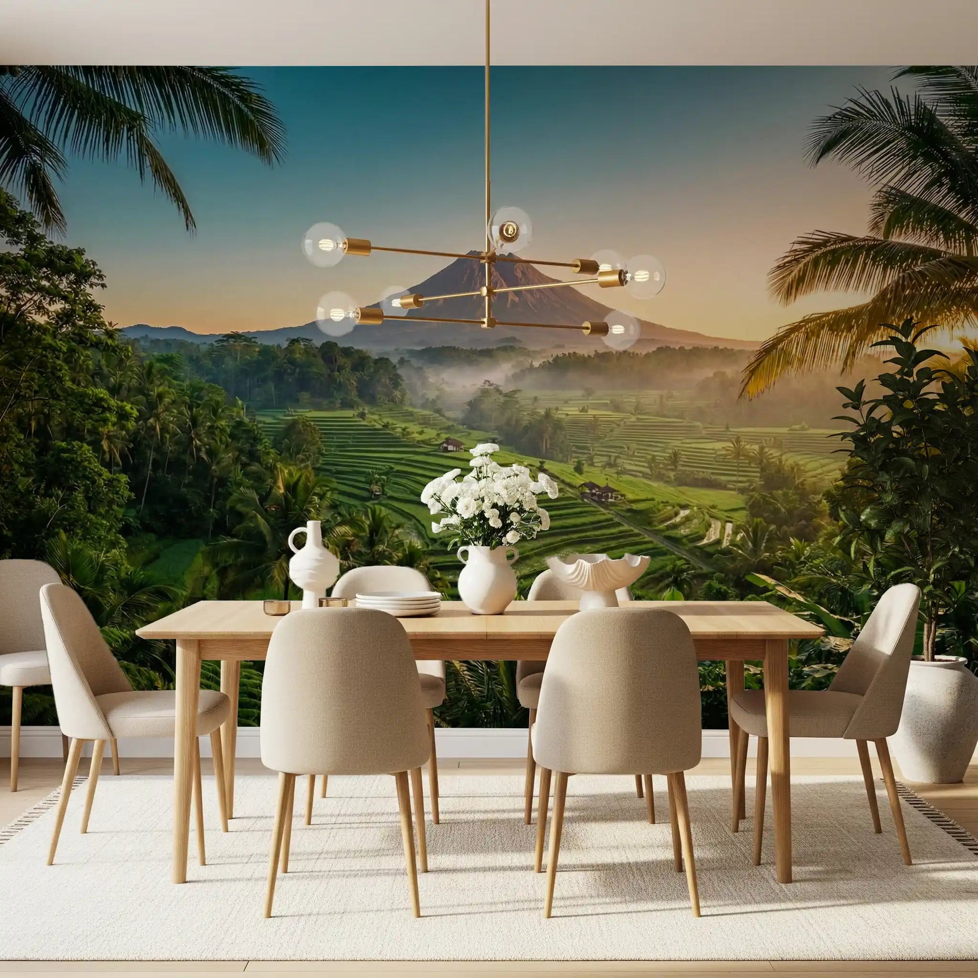 Landscape wall mural with rice terraces, palm trees, and volcano peak