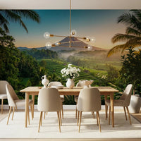 Landscape wall mural with rice terraces, palm trees, and volcano peak
