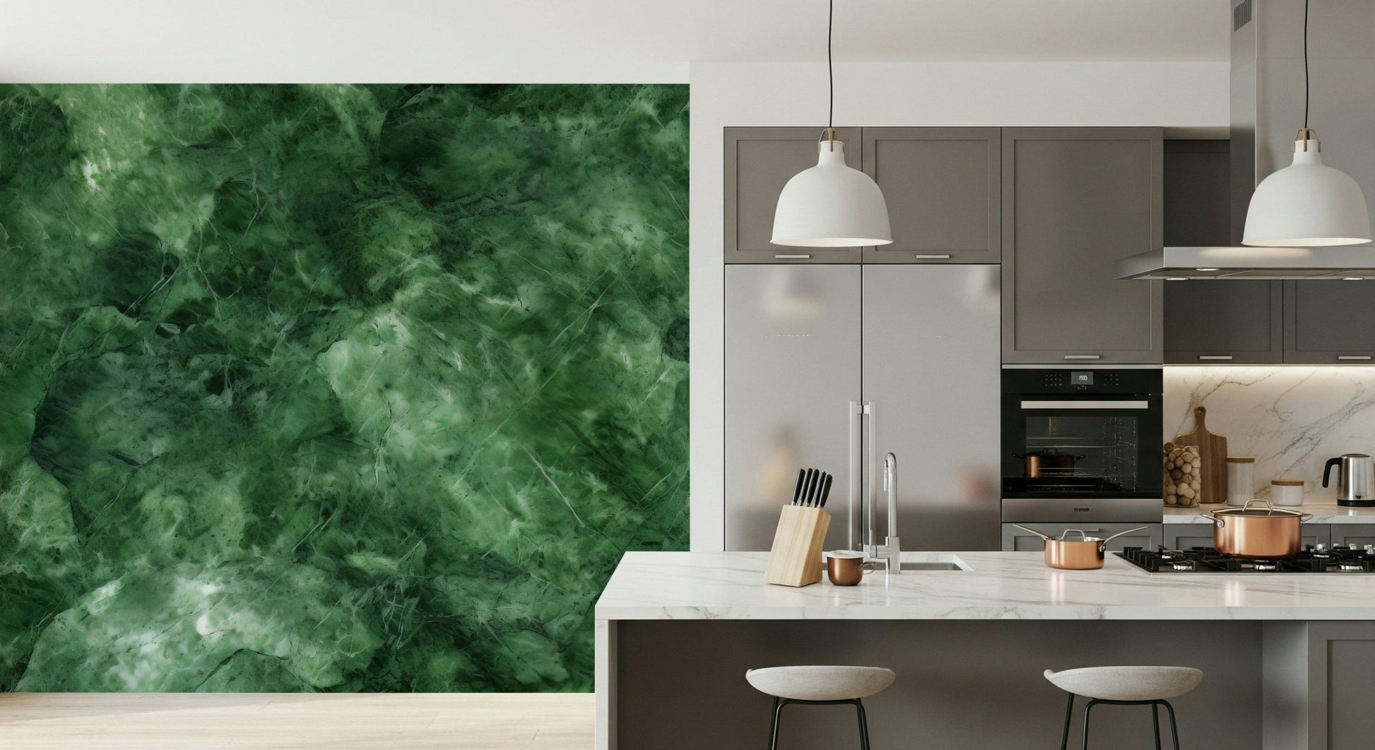 Wall mural with emerald green textures and organic vein patterns for a sophisticated look.