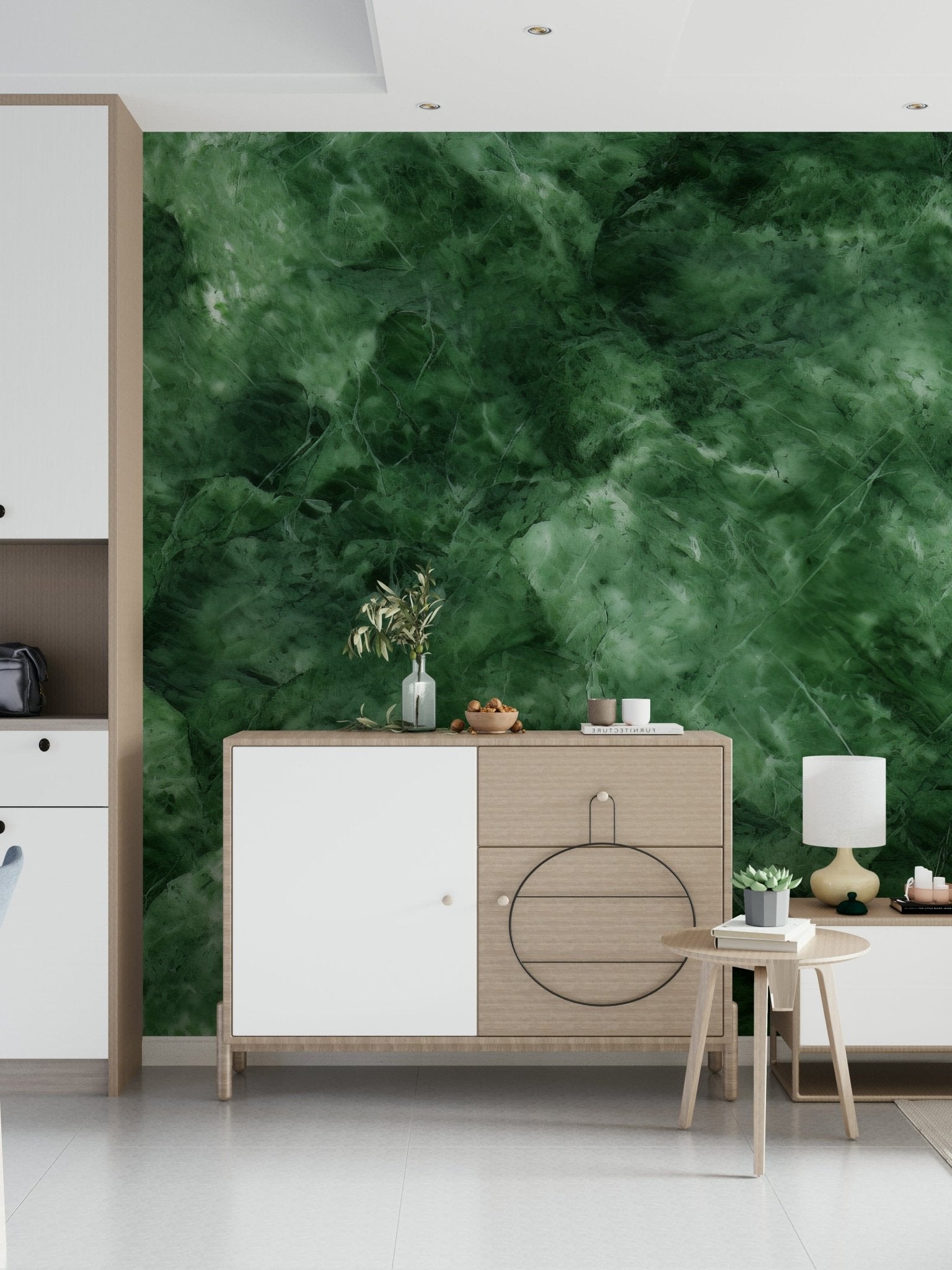Decorative wall mural showcasing luxurious emerald tones and intricate stone veins.